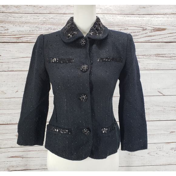 Bloomingdale's Women's Black Tweed Metallic Sequin Blazer Jacket Size 2P - Picture 1 of 13